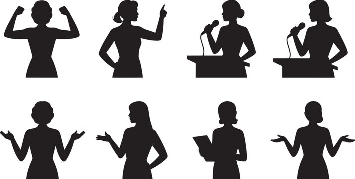 female leader silhouettes giving speech and presentation