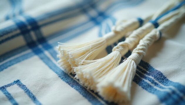 Jewish tzitzit fringes hang on a tallit prayer shawl with blue stripes. These religious threads symbolize divine commandments and are worn by observant men.
