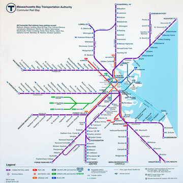 Massachusetts Bay Transportation Authority Commuter Rail Map at Greenbush MBTA Station, Greenbush village in town of Scituate, Massachusetts MA, USA. 