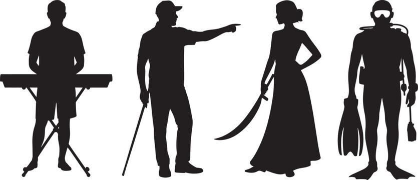 Silhouettes of people in different professions and poses