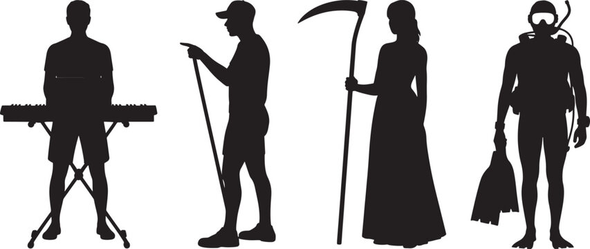 Silhouettes of people in different professions and poses