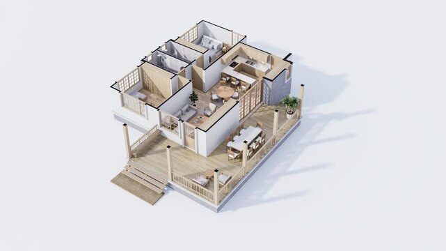 3D isometric modern house plan featuring a modern living room, two bedrooms, kitchen, and a wooden deck. Detailed architectural floor plan with furniture. 3d animation render.