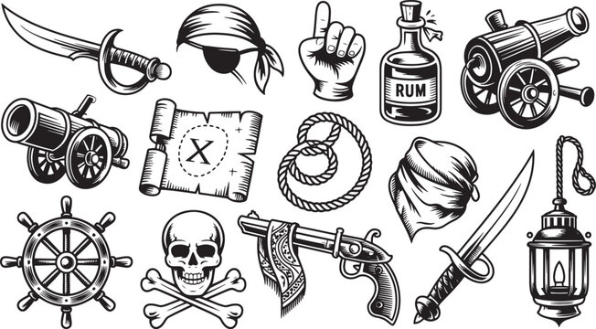 set of pirate symbols and objects on white background