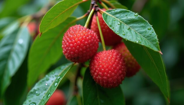 Red lychee fruits cluster on tree branch. Bumpy red skins glisten with water droplets on green leaves. Lush plant grows in tropical nature. Fresh ripe fruit.