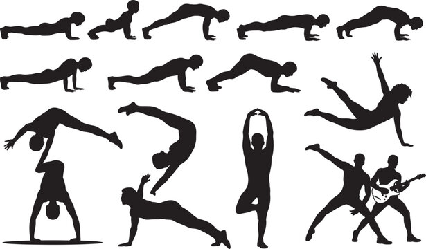 silhouette sequence of dynamic yoga and dance poses on white background