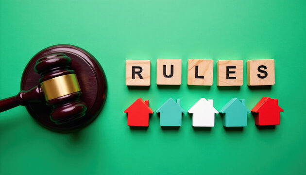 Judge gavel and blocks spell rules near colorful houses. Concept for property law, real estate compliance, housing regulations and legal agreements. Fairness in home ownership.