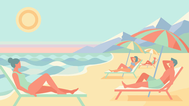 Illustration of people sunbathing by the ocean on a sandy beach with mountains in the background
