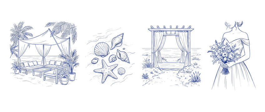 Coastal dream hand drawn vector line art set with beach cabana seashells wedding arch and bride