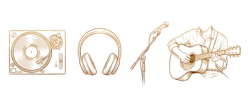 Outline vector illustration of music equipment: turntable headphones microphone and a guitar player
