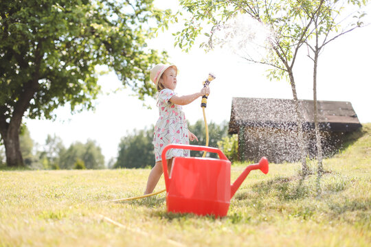 A little cute baby girl 3-4 years old in a dress watering the plants from a watering can in the garden. Kids having fun gardening on a bright sunny day. Outdoor activity children