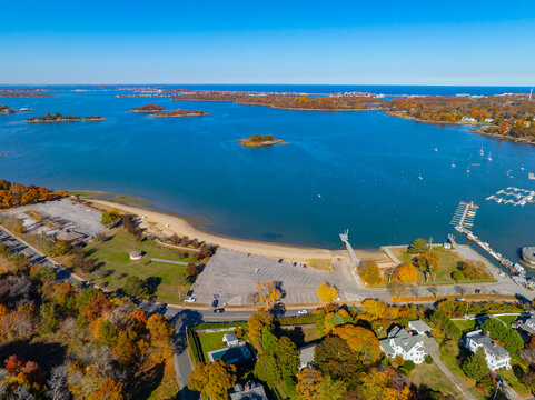 Hingham Harbor in fall aerial view including historic waterfront village and Broad Cove in town of Hingham near Boston, Massachusetts MA, USA.