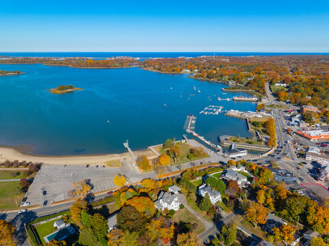 Hingham Harbor in fall aerial view including historic waterfront village and Broad Cove in town of Hingham near Boston, Massachusetts MA, USA.