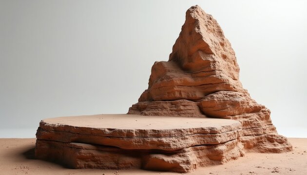 Natural stone podium offers display space on desert terrain. Large rock formation provides backdrop for product presentation against light grey background. Textured ground adds depth.