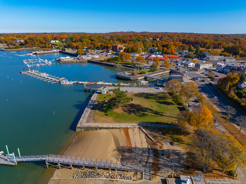 Hingham Harbor in fall aerial view including historic waterfront village and Broad Cove in town of Hingham near Boston, Massachusetts MA, USA.