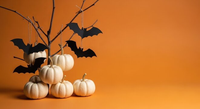Halloween still life white pumpkins and bats on branches