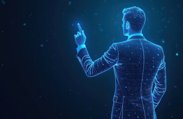 Fototapeta premium Man in suit with digital wireframe hologram points finger at screen. Futuristic business person analyzes data or technology. Virtual reality interaction concept.