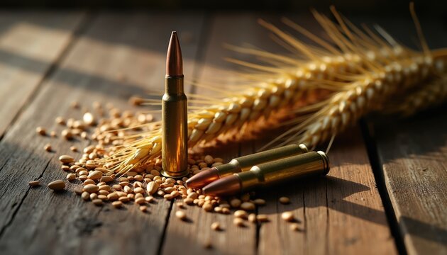 Rifle bullets and wheat grains lie on rustic wood table. War impacts global food security agriculture crisis. Symbolic concept of hunger famine destruction weapon violence.