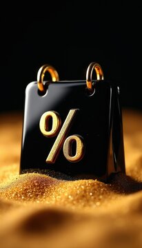 Black calendar icon with golden percentage symbol rests on sparkling sand. Macro view suggests financial concept, sale offer, or important date for growth.