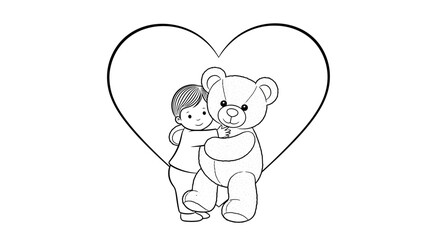 Fototapeta premium A cute coloring page featuring a young child hugging a teddy bear with a large heart background.