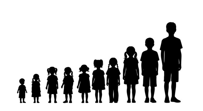 Silhouette collection of children and teenagers growing up in height.