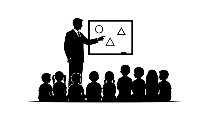 Silhouette of a male teacher instructing a group of young students in a classroom.