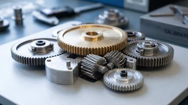 Closeup medium shot of highprecision servo drive gears positioned on a clean surface emphasizing smooth metal finish and intricate interlocking mechanism.