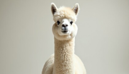 Obraz premium White alpaca with fluffy fur stands and looks forward. This domesticated mammal has a long neck and gentle expression. It is a calm animal found on farms.