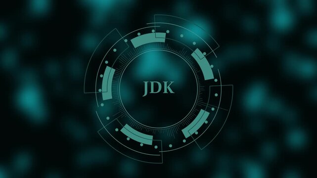 Futuristic Circular HUD Element with JDK Text and Blurred Teal Background java development kit programming