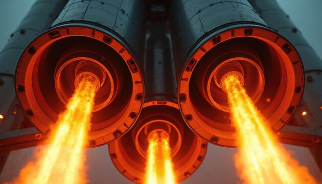 Rocket engines ignite with intense orange flames producing powerful thrust. Multiple nozzles burn bright, fueling a massive liftoff. Spacecraft prepares for journey into the unknown void.