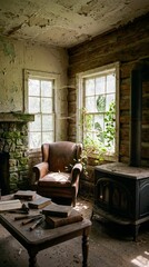 Naklejka premium A captivating glimpse into a decaying cabin's interior, featuring an antique armchair, old books and stove, evoking a sense of history and forgotten beauty.