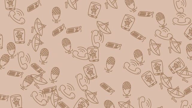 Repeating pattern of communication devices and icons suitable for website banners, social media backgrounds, and techthemed designs.