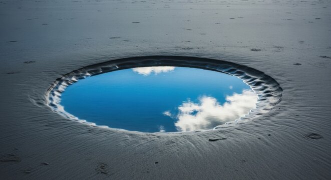 Circular Sand Pit Reflecting Sky and Clouds
