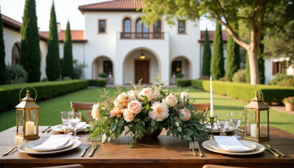 Fototapeta premium Outdoor reception table set with floral centerpiece, candles, and lanterns. Elegant dining setting in front of a villa. Perfect for weddings and celebrations.