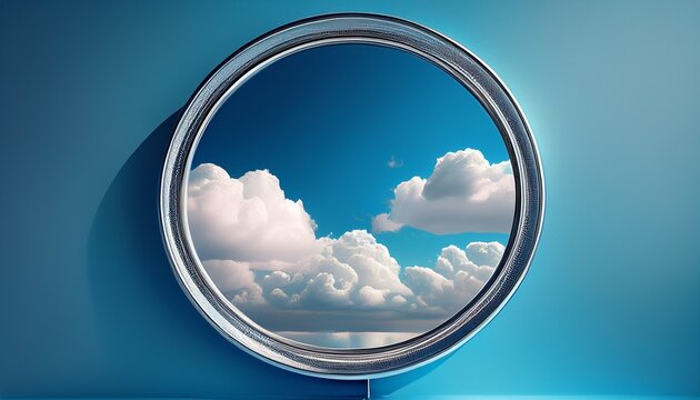 mirror reflecting blue sky clouds round mirror reflecting blue sky and white clouds against a minimal background concept image about reflection clarity and open space