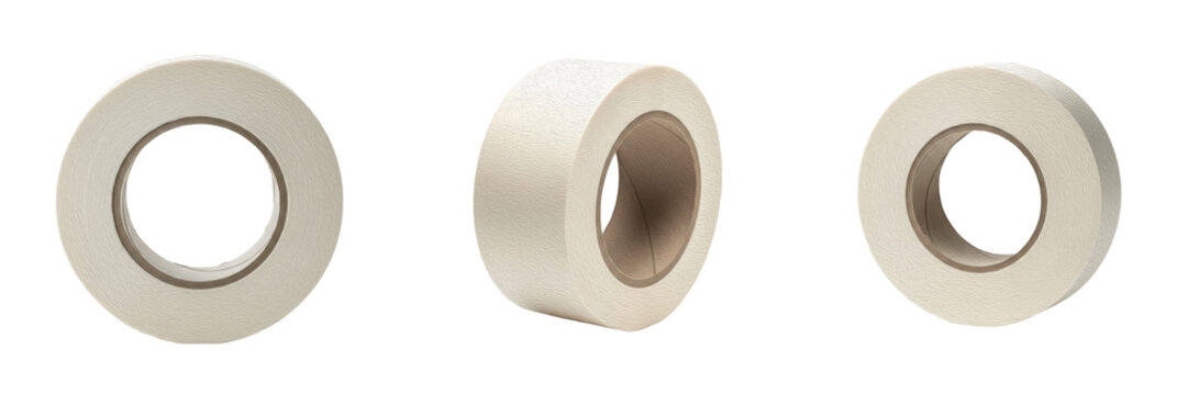 Set of Three Rolls of Professional Adhesive Packing Tape Isolated on White Background, PNG
