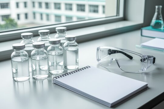 Laboratory vials and safety glasses beside a notepad on a bright windowsill