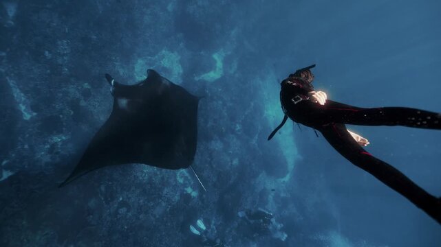Woman in long fins swims underwater with the giant oceanic manta ray. Graceful black Manta Ray glides through clear blue waters of Islands, accompanied by lively remora fish. Snorkeling freediving