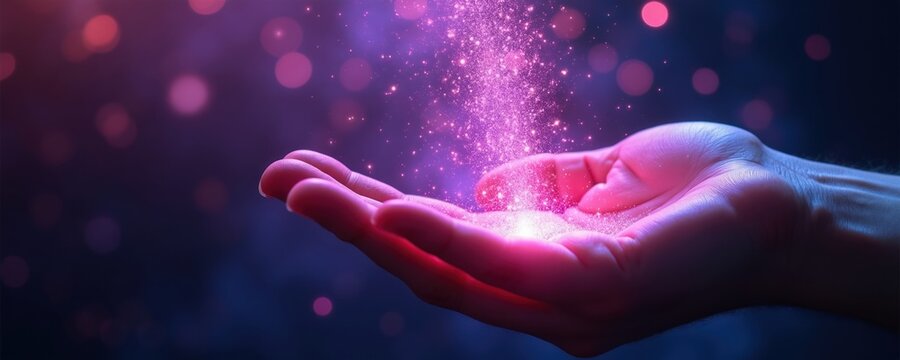 Abstract image of hand holding pink glowing particles. Swirling light streaks create magic effect in dark background. Dreamlike scene with bokeh lights.