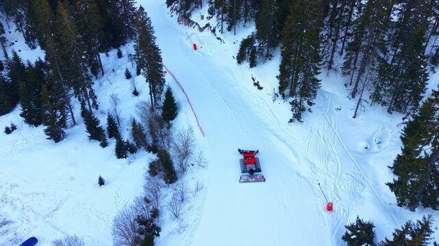 A snow grooming machine is preparing a ski slope covered with snow. Tall trees surround the slope, and a few red markers are visible. The scene shows a winter activity in a mountain area.