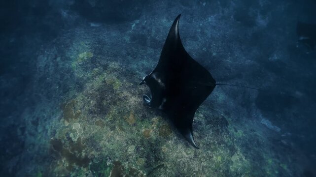 Graceful black Manta Ray glides through clear blue waters of Galapagos Islands, accompanied by lively remora fish, highlighting vibrant marine biodiversity and promoting conservation awareness
