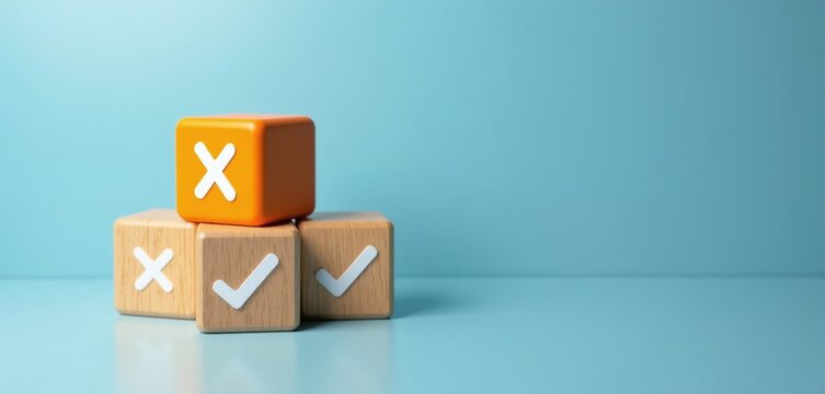 Wooden cubes with check and cross symbols stacked. One orange cube shows a white cross on top. Decision making or evaluation concept with options yes and no.