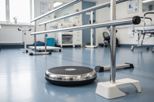 Balance disc and parallel bars in rehabilitation clinic for mobility training