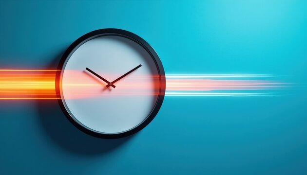 Round wall clock with black frame on blue background. Light streaks move fast across clock face, symbolizing rapid time passage and deadlines. Clean modern design.