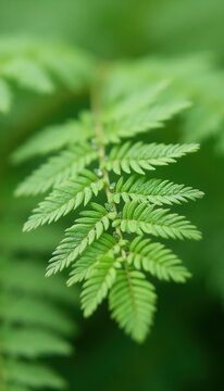 Feathery green leaves of Mimosa pudica plant, also known as sensitive plant. Its delicate bipinnate foliage grows in a garden or as a houseplant. Small green buds are visible on the stem.