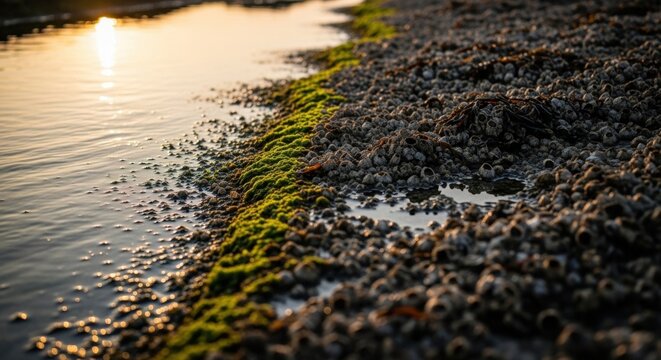 Sunset Over Rocky Shoreline With Moss and Barnacles