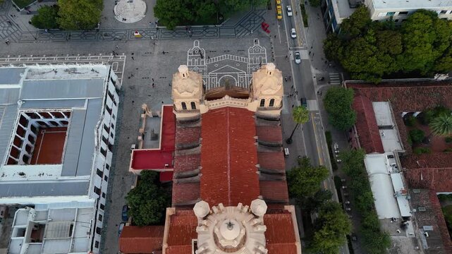 Top down aerial view revealing the cathedral of cordoba in argentina