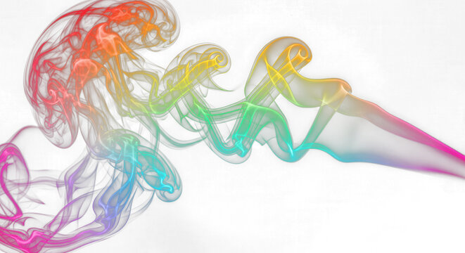 Luminous smoke tendrils in multi colored rainbow color dancing erratically providing a sharp contrast of brilliance against a pitch black dark canvas to emphasize contrast.