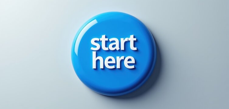 Blue circular button shows text start here. Clear instruction for beginning. Easy interactive element for web or app design. Simple graphic symbol for commencement.