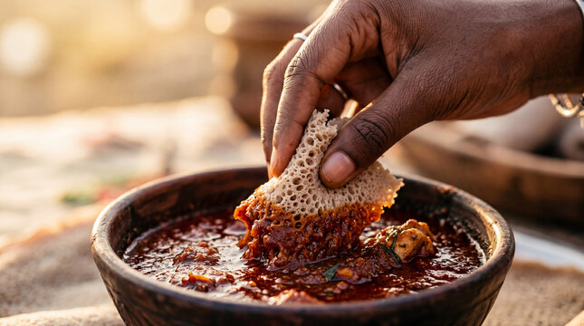 Hand scooping spicy red doro wat stew with spongy Ethiopian injera flatbread
