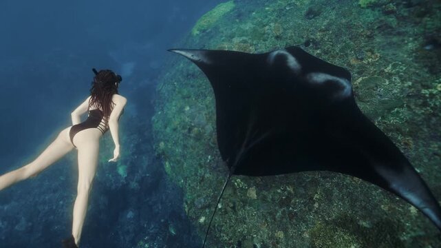 Woman in long fins swims underwater with the giant oceanic manta ray. Graceful black Manta Ray glides through clear blue waters of Islands, accompanied by lively remora fish. Snorkeling freediving